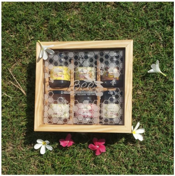 Classic Wooden Box With Pure Raw Honey 6 Bottles